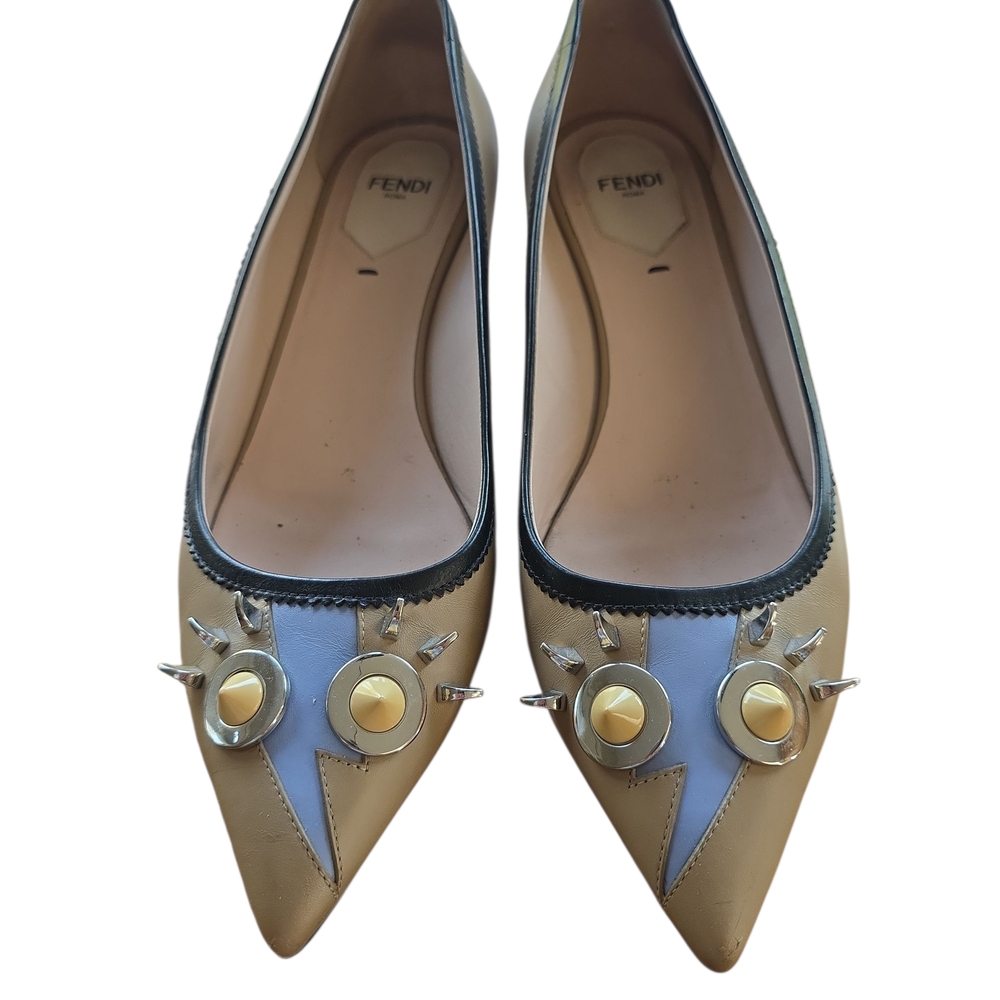 Fendi Monster Flats In Tan and Blue With Mirrored Geometric Heel